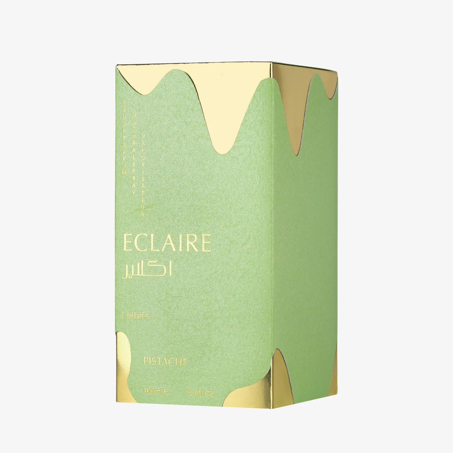 Lattafa Eclaire Pistache EDP detalle del frasco de perfume