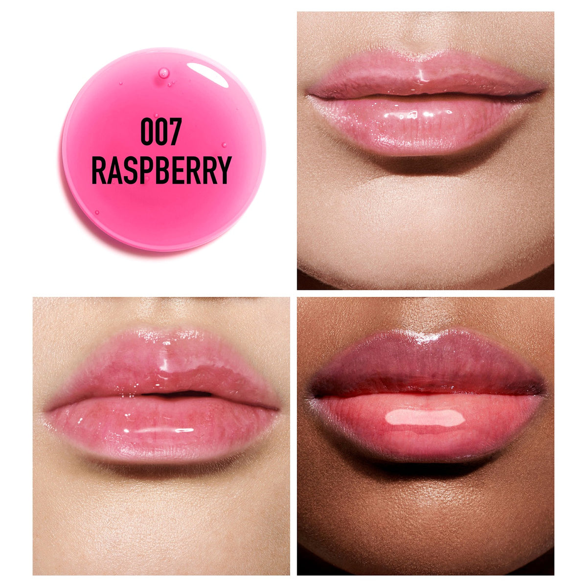 Dior Lip Glow Oil 007 Raspberry aplicado en distintos tonos de labios