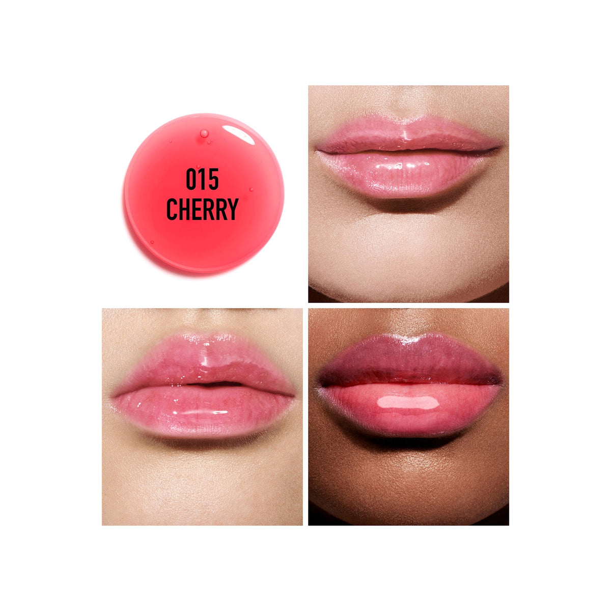 Dior Lip Glow Oil 015 Cherry aplicado en distintos tonos de labios
