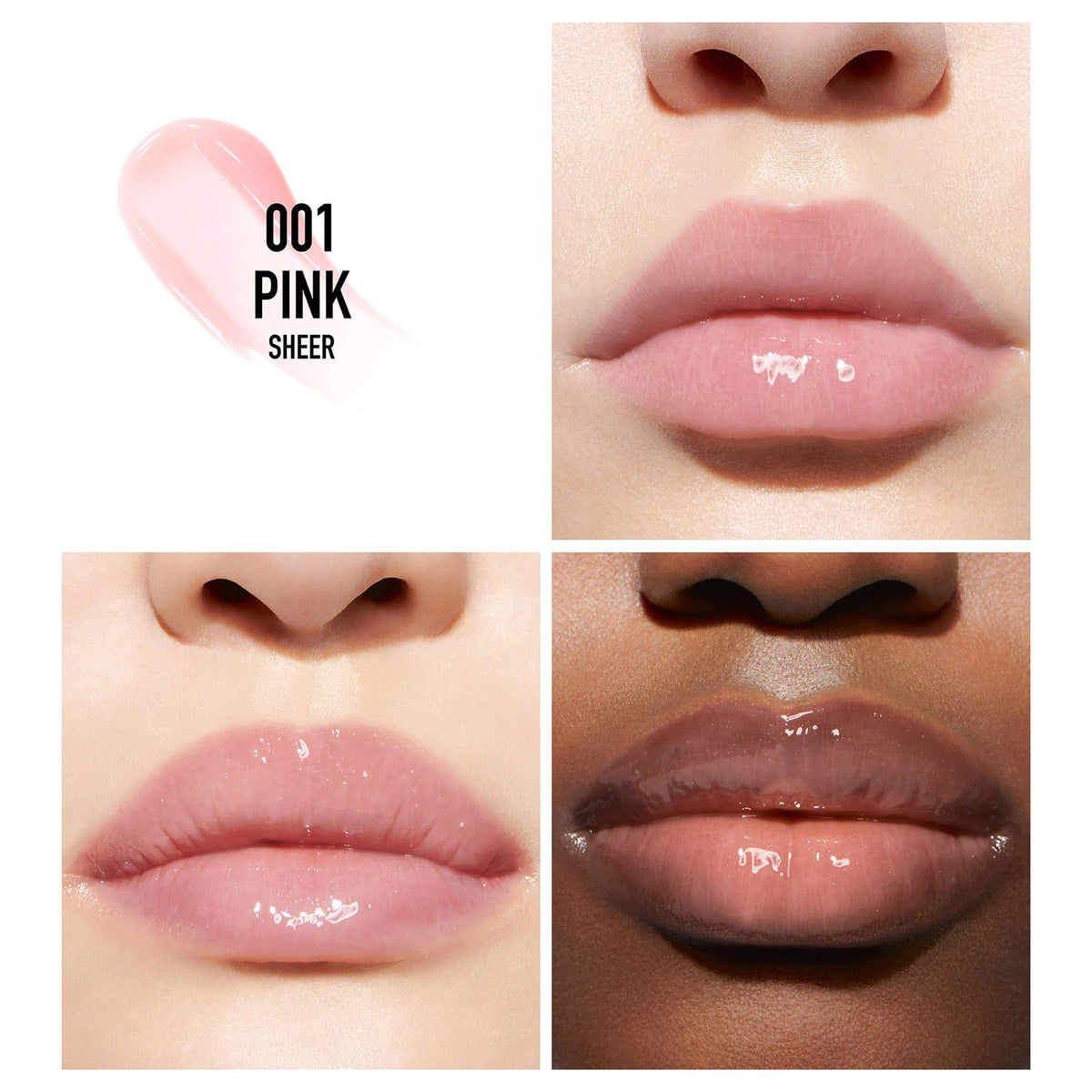 Dior Lip Maximizer 001 Pink aplicado en distintos tonos de piel
